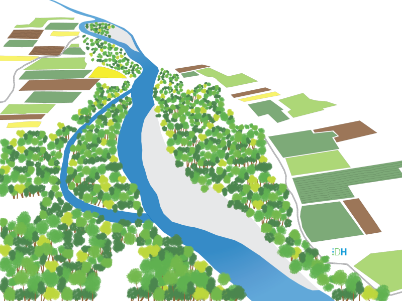Illustration 3D d'un projet de restauration pour l'Ardèche au droit de Voguë