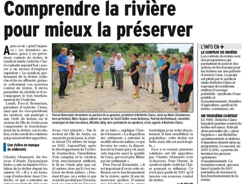 Presse : vue de l'article du Dauphiné Libéré. En photo dans l'article, une réunion Dynamique Hydro avec des élus du Syndicat au bord de la rivière.