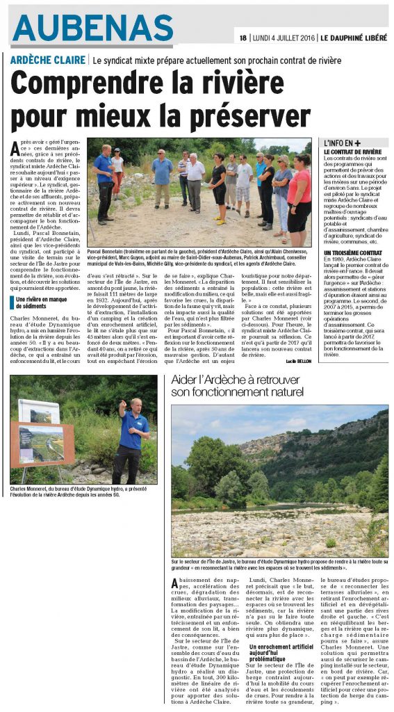 Presse : vue de l'article du Dauphiné Libéré. En photo dans l'article, une réunion Dynamique Hydro avec des élus du Syndicat au bord de la rivière.