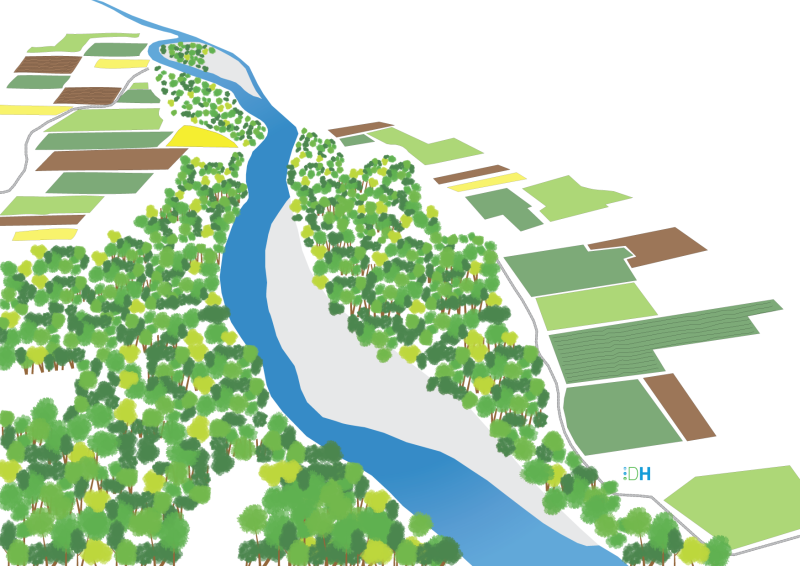 Illustration 3D de l'état actuel de l'Ardèche au droit de Voguë