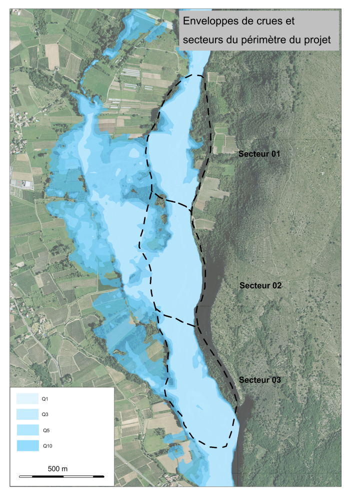 Cartographie des enveloppes de crues et secteurs du périmètre du projet de restauration hydromorphologique de l'Ardèche