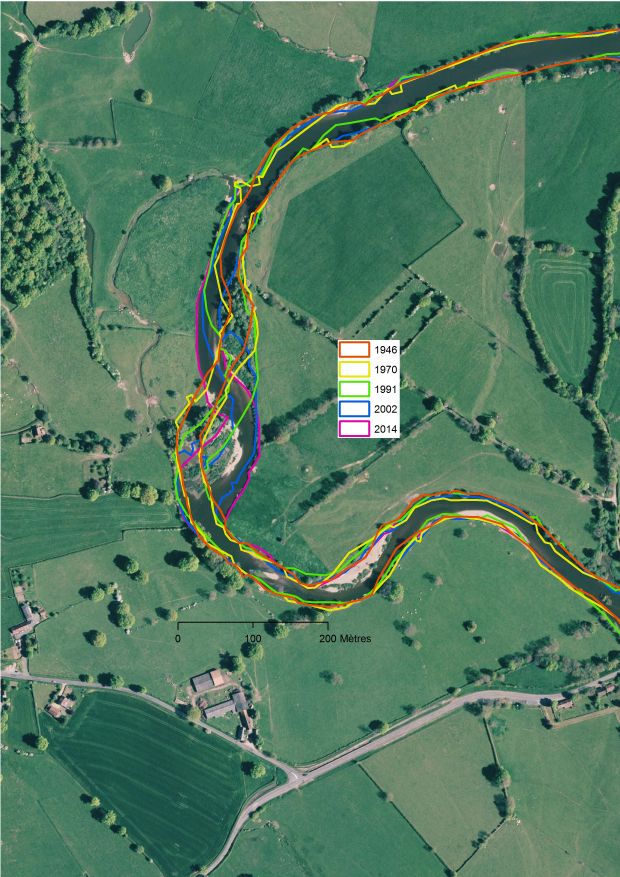 Cartographie diachronique des bandes actives d'une portion de la rivière Arroux - réalisé sous logiciel SIG du type ArcGIS ou QGIS