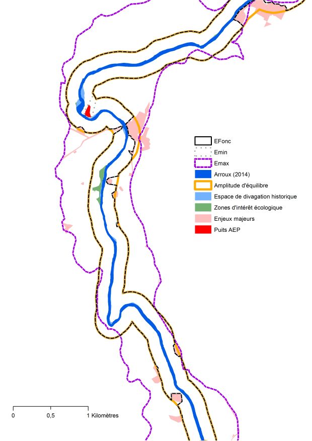 Cartographie récapitulative de la rivière Arroux : Espace de bon fonctionnement, zones d'intérêt écologique, espace de divagation historique, enjeux majeurs, puits AEP, emprise foncière, etc.