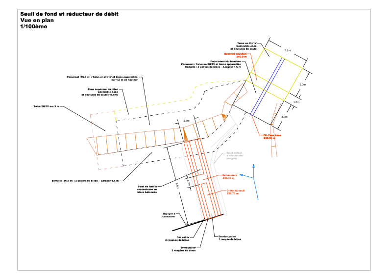 Continuité écologique : plan autocad du nouveau seuil de fond