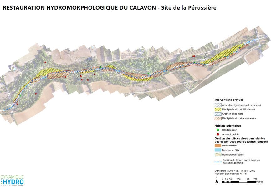 Plan / cartographie de la rivière Calavon, dans le Vaucluse dans le cadre de l'étude de restauration écologique