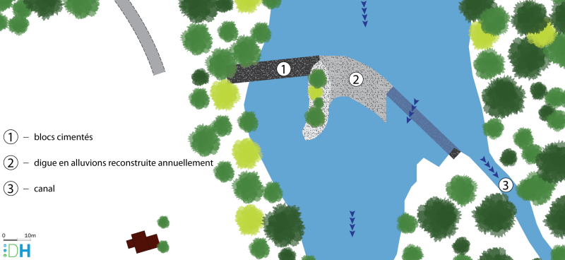 Schéma de la vue en plan (niveau esquisse) du seuil de du canal du Plot sur le Chassezac en Ardèche