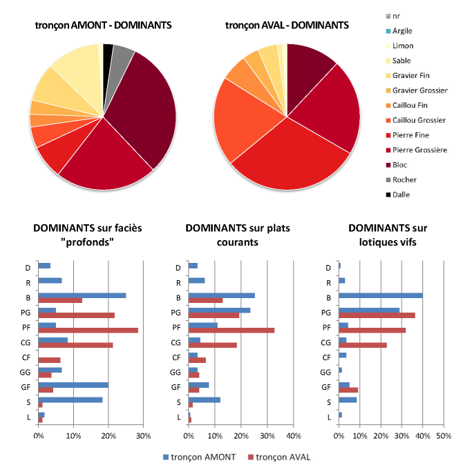 Graphques analytiques des relevés de terrains : comparaisons granulométriques, granulométrie dominante (D, R, B, PG, PF, CG, CF, GG, GF, S)