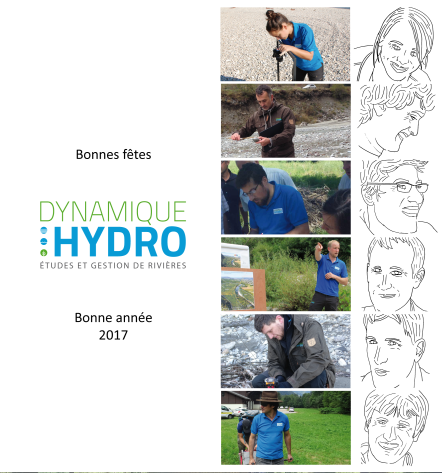 Carte de vœux 2016-2017 de Dynamique Hydro - Partie recto avec les photos des 6 membres de l'équipe et leurs portraits dessinés à main levée