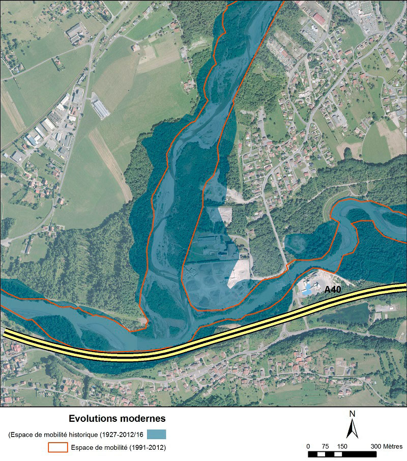 Vue aérienne de la confluence entre le Griffre et l'Arve, avec des surcouches d'informations géoréférencées