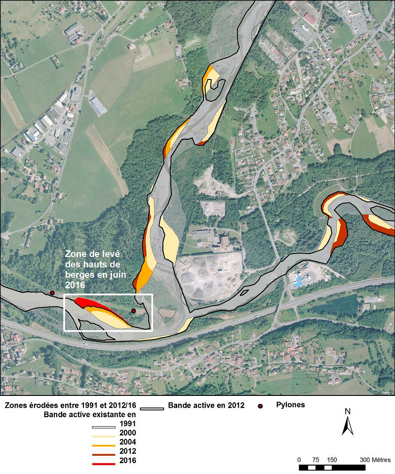 Vue aérienne de la confluence entre le Griffre et l'Arve, avec des surcouches d'informations géoréférencées en vue de la rédaction de l'étude de risque