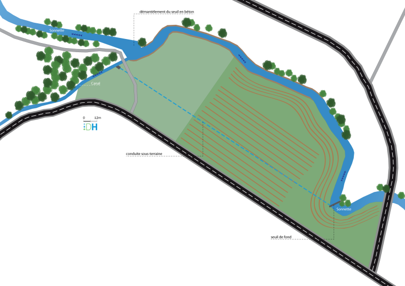 Dans le cadre de la maîtrise d'œuvre de la continuité écologique des rivières Gizia et Sonnette, une illustration (vue en plan) niveau esquisse du projet