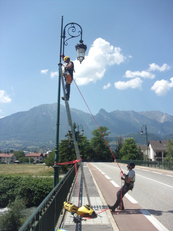 Installation de caméras dans un arbre ou sur un poteau par nos partenaires spécialisés dans le travail en hauteur pour le suivi chronophotographique des bancs de l'Isère