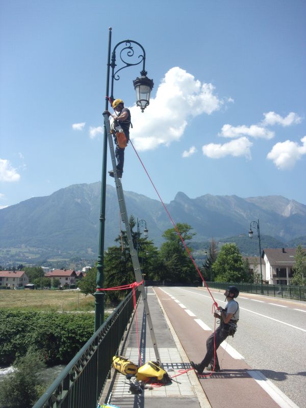 Installation de caméras dans un arbre ou sur un poteau par nos partenaires spécialisés dans le travail en hauteur pour le suivi chronophotographique des bancs de l'Isère