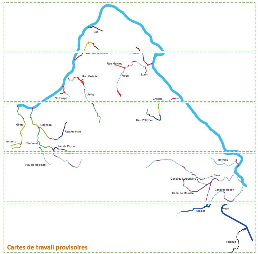 Ecomorphologie : cartographies provisoires des cours d'eau étudiée élaborées sur un logiciel SIG (ArcGis, QGIS) par Dynamique Hydro