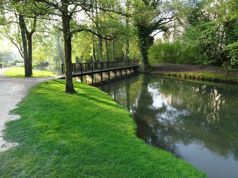 Reyssouze : une passerelle piétonne au dessus de la rivière qui traverse le parc des Baudières à Bourg-en-Bresse. Les berges sont gazonnées et bordées d'arbres