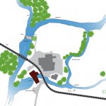 Schéma vue en plan général du moulin de Corcelles, son seuil et ses environs sur la Reyssouze (phase esquisse)