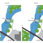 Schéma de la vue en plan du seuil du moulin de Corcelles sur la Reyssouze. 2 scénarios en phase esquisse.