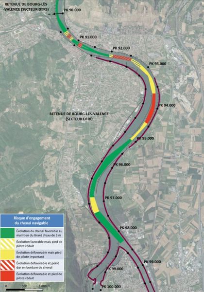 Carte du risque d'engagement du chenal navigable dans le cadre de l'analyse géomorphologique de l’évolution bathymétrique du Rhône pour la Compagnie Nationale du Rhône CNR