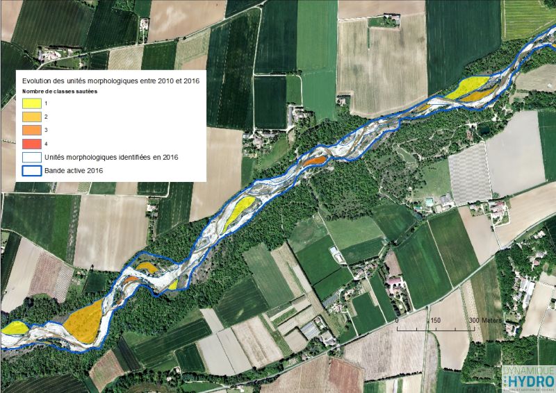 Cartographie de l'évolution des unités morphologiques entre 2010 et 2016 sur la rivière Roubion dans la Drôme