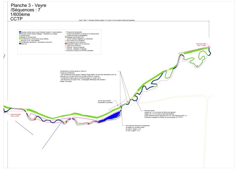 Plan de projet (PRO) pour le reméandrage de la rivière Veyre réalisé sous autocad